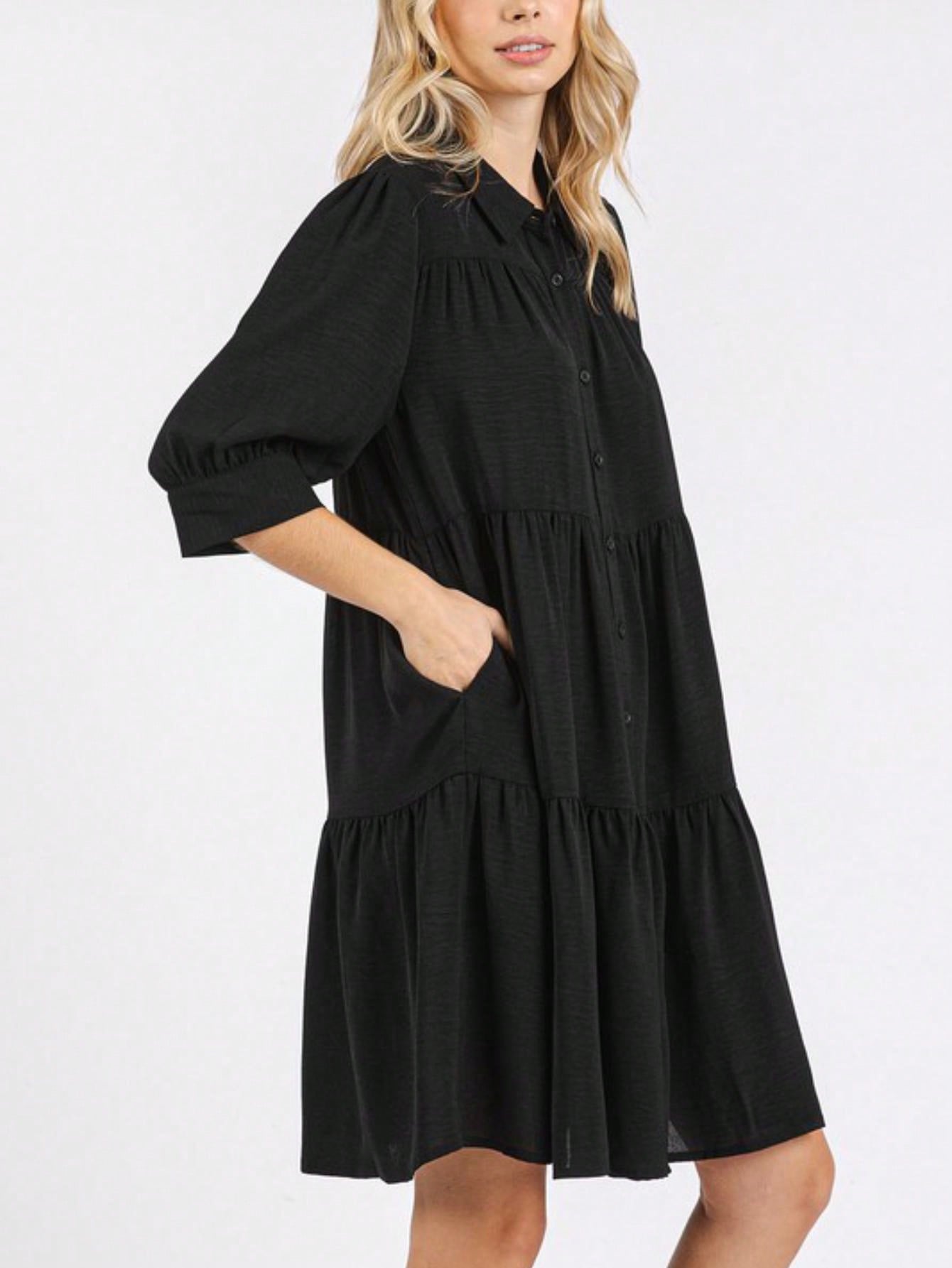 womens casual babydoll chic tiered ruffle flowy midi dress black three quarter length sleeve round neck loose fit lightweight breathable summer spring daily wear womens casual babydoll chic tiered ruffle flowy midi dress black three quarter length sleeve round neck loose fit lightweight breathable summer spring daily wear