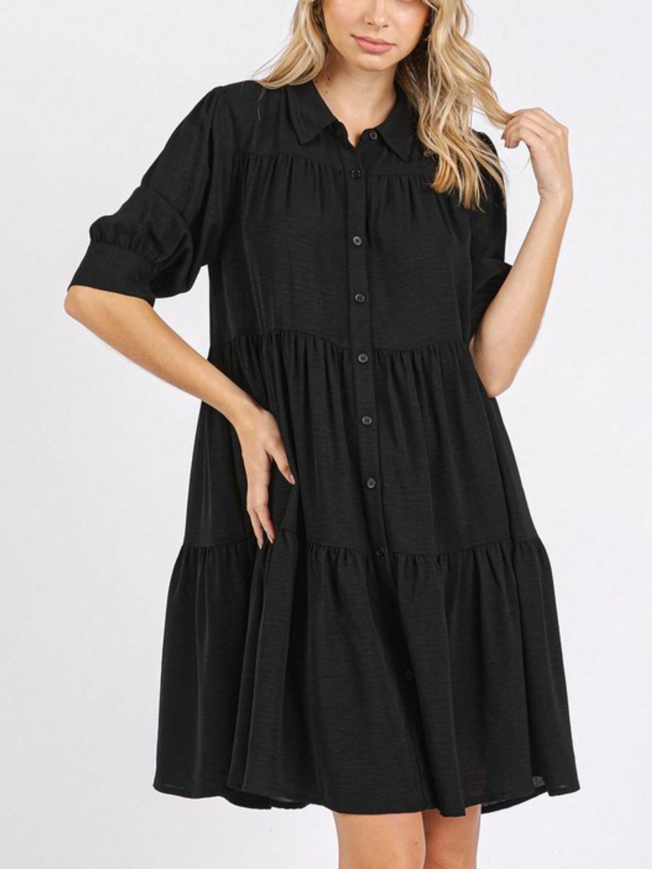 womens casual babydoll chic tiered ruffle flowy midi dress black three quarter length sleeve round neck loose fit lightweight breathable summer spring daily wear womens casual babydoll chic tiered ruffle flowy midi dress black three quarter length sleeve round neck loose fit lightweight breathable summer spring daily wear